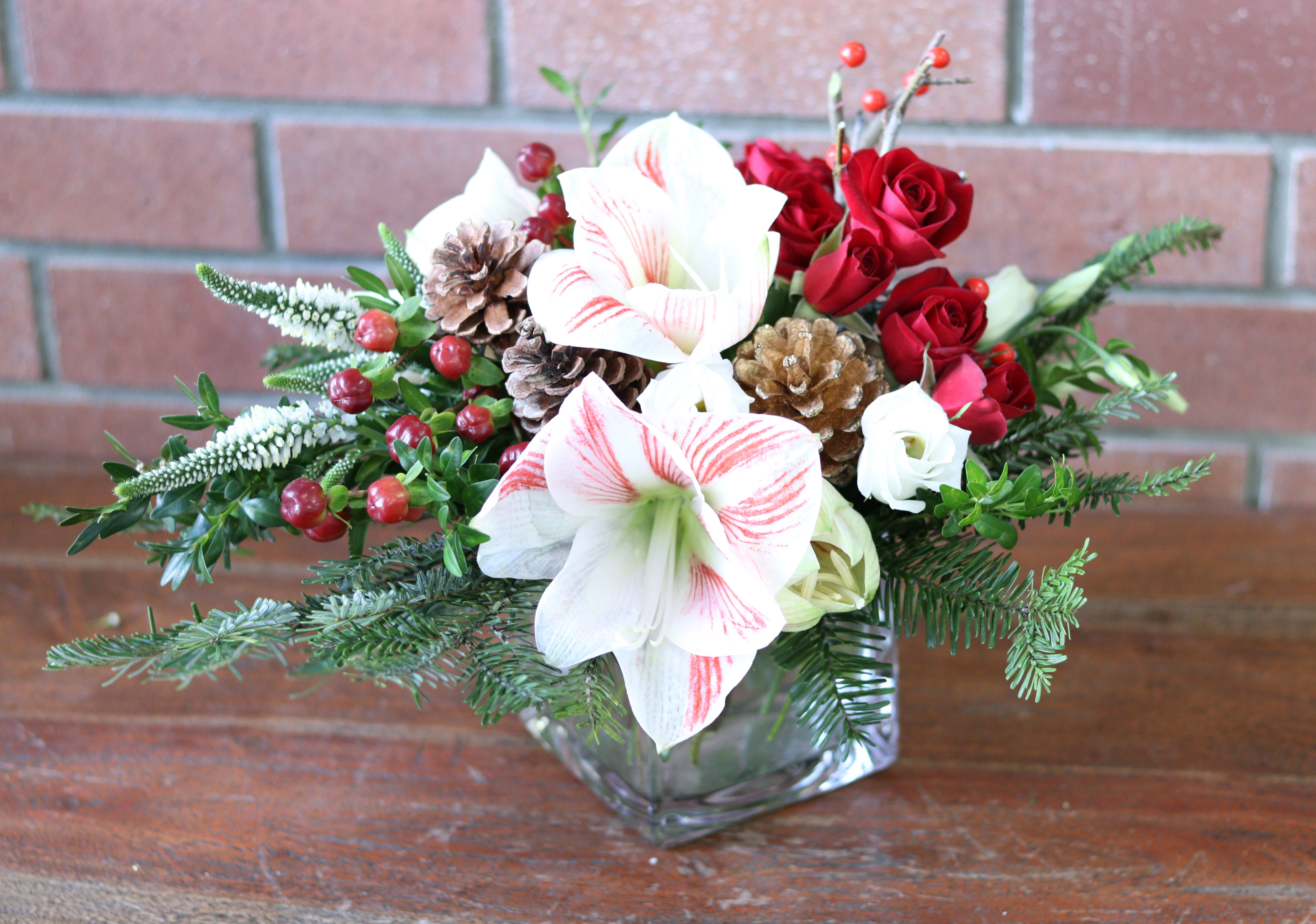The Very Merry Bouquet - Send a holiday greeting or cheer up your loved one's day with beautiful peppermint amaryllis, red hypericum berries, red spray roses, ilex, fresh evergreens, touches of white lisianthus and white veronica accented with pinecones.  Picture shown at standard size - deluxe and premium are in a bigger cube vase with extra blooms 