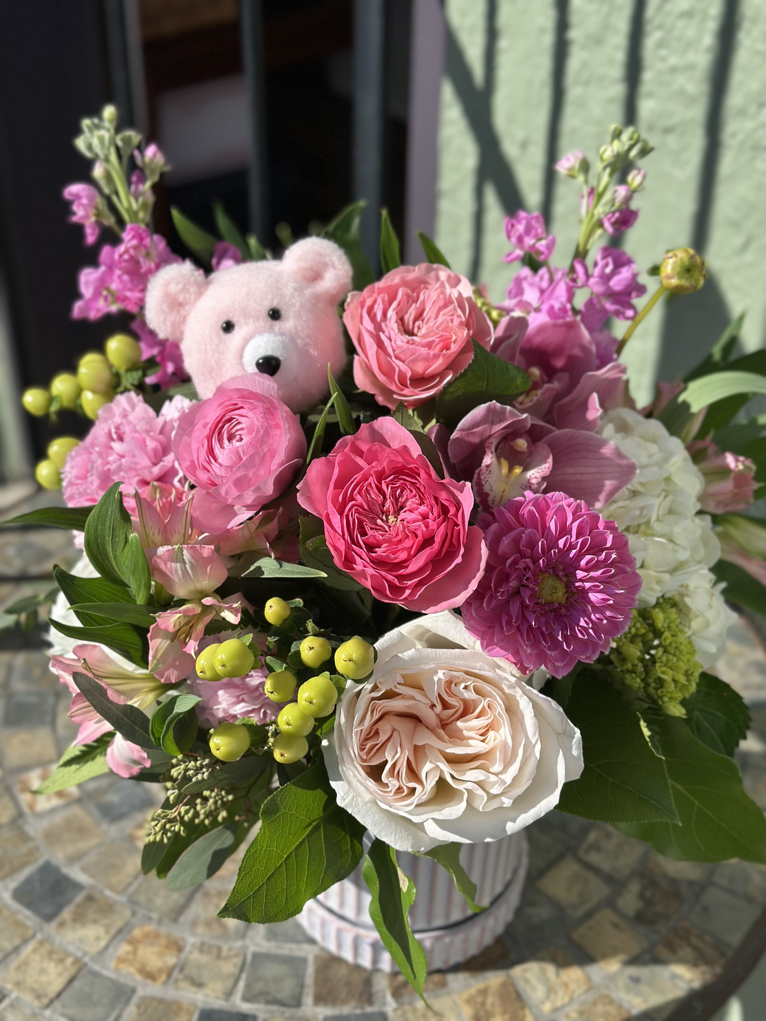 Ellie - Ellie is a bright and playful mix of garden roses, dahlias, ranunculus in bright pinks, soft blushes and whites, with pops of green. A sweet, carefree arrangement perfect for someone bright and playful!