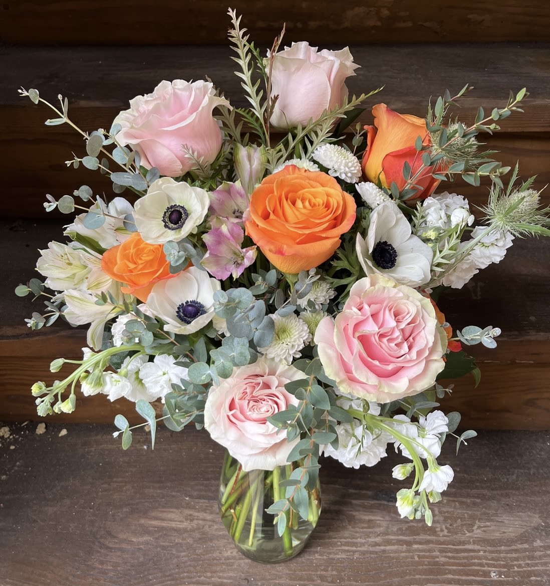 Citrus &amp; Blush - Modern Floral Bouquet of Pink and Orange Roses, White Stock, White Button Mums, Light Pink and White Alstroemeria and White Anemones with Flowing Greens