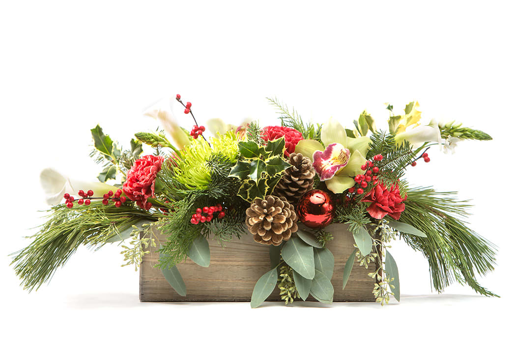 Christmas at the Cabin - A woodsy Christmas centerpiece that would look great on anyone's table, calla lilies, orchids, berries and more!