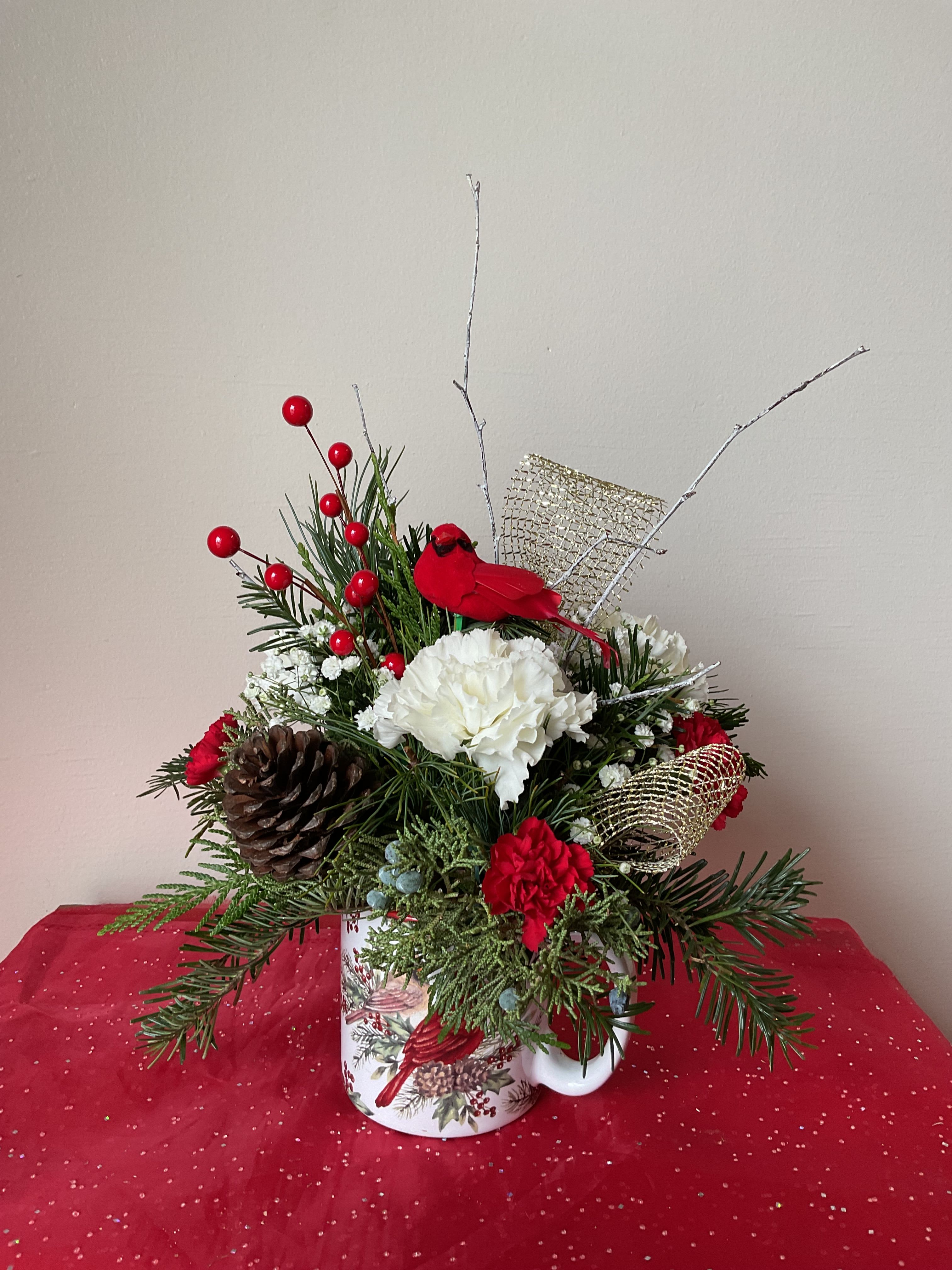 Cardinal Cup-O-Cheer - Beautiful Christmas Arrangement in a cardinal mug topped with a cardinal pick.