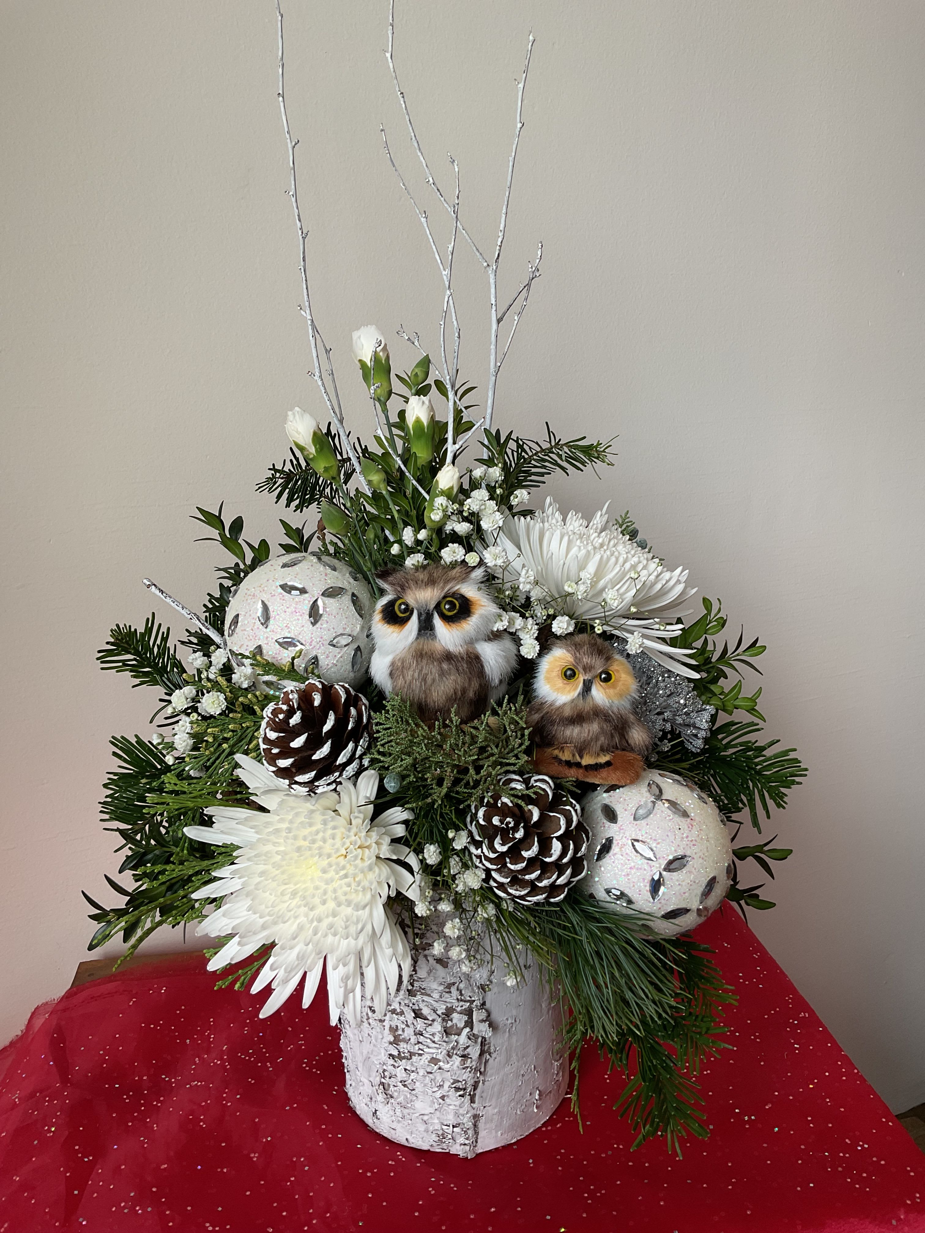 Winter Woodland - Beautiful white arrangement with a pair of Owls in a birch container