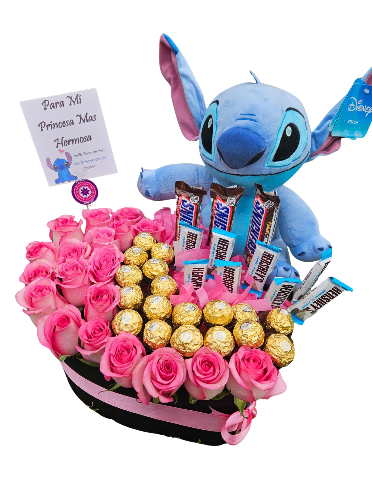 Caja Corazon Stich - hermosa caja corazon con 20 rosas, 18 chocolates ferrero con chocolatinas y peluche stich