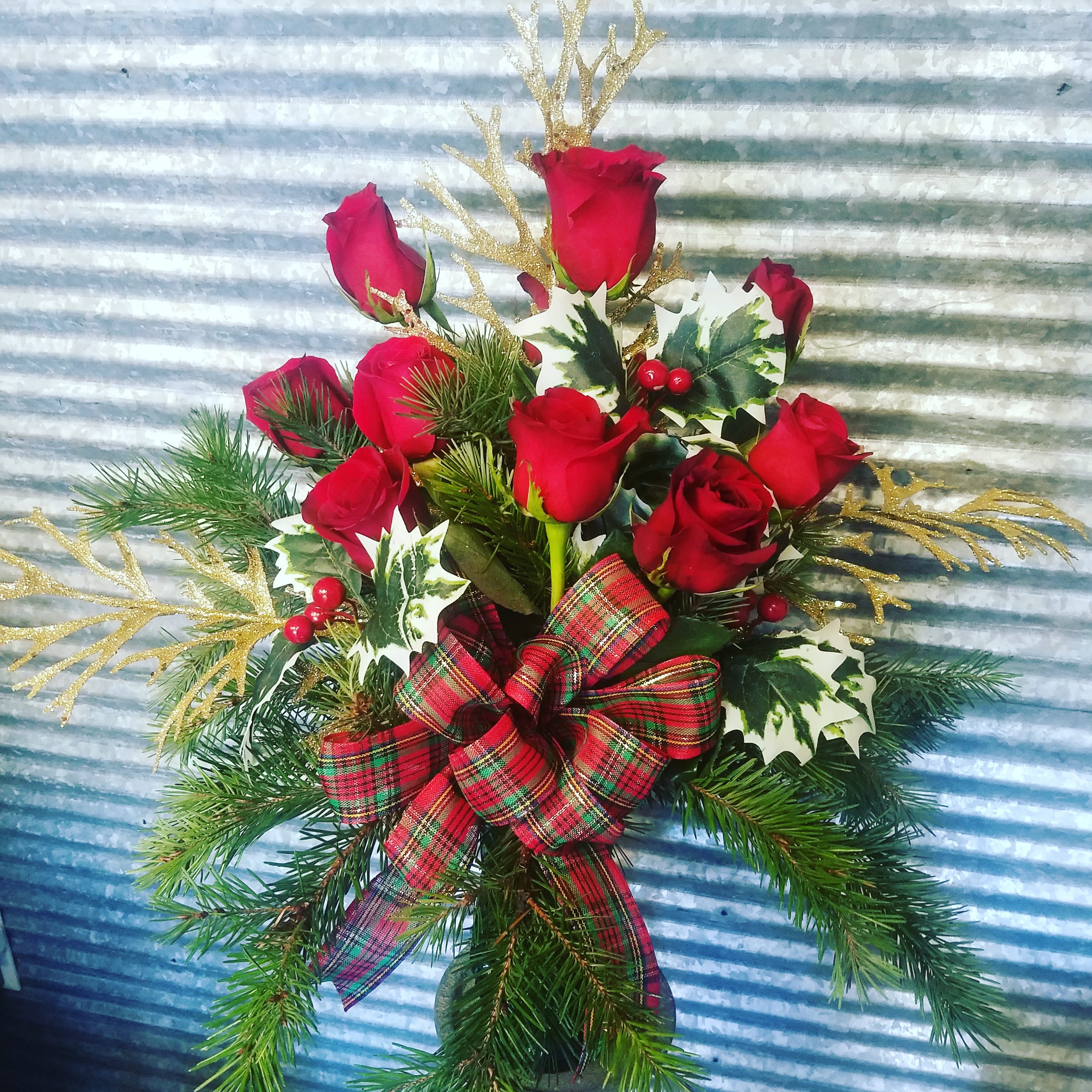 Christmas Roses - Pine and Holy with a Dozen roses and Glitz