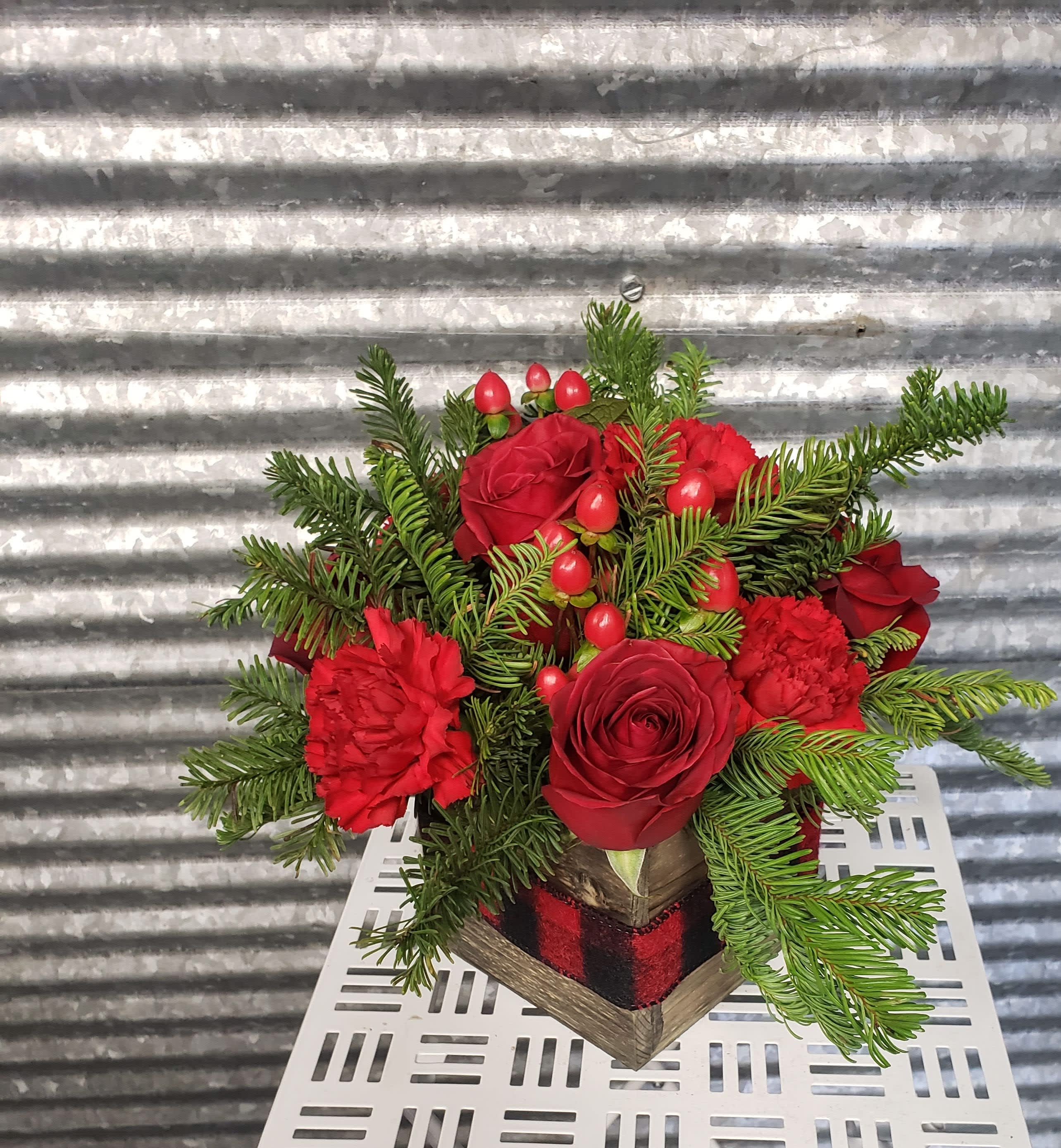 Cozy Box of Christmas  - Wooden box of Christmas Greens and flowers with a Cozy Ribbon