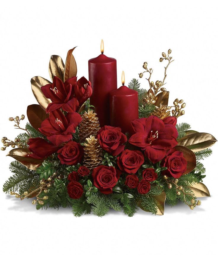 Candlelit Christmas  - Lush Burgundy and Red Gold Gilled Christmas centerpiece with 2 pillar candles 