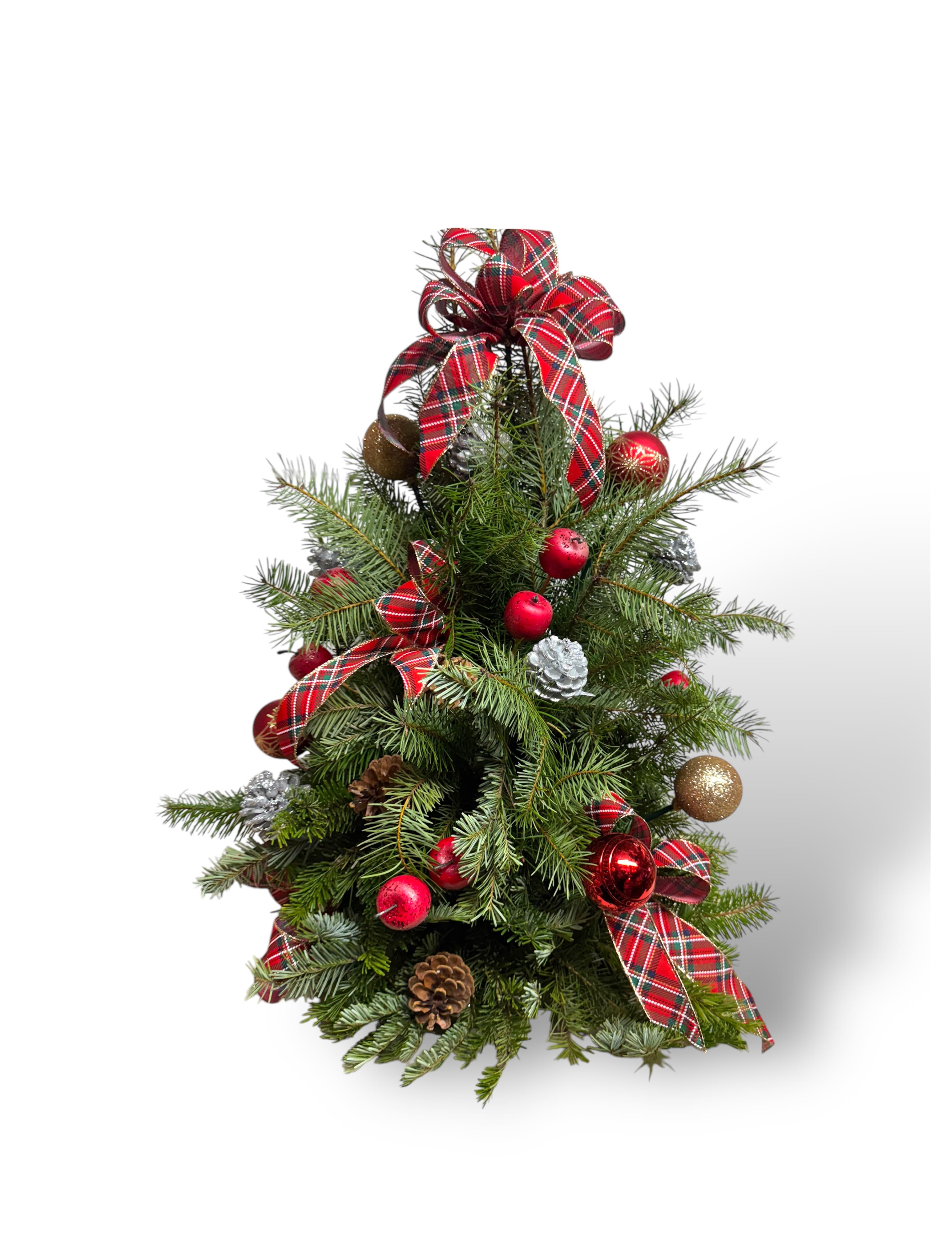 DECK THE HALL TABLE TOP TREE - BOX WOOD AND MIXED EVER GREEN  BOWS  CHRISTMAS BALLS AND PINE CONES  APPROXIMATELY 18&quot; W x 30&quot; H 