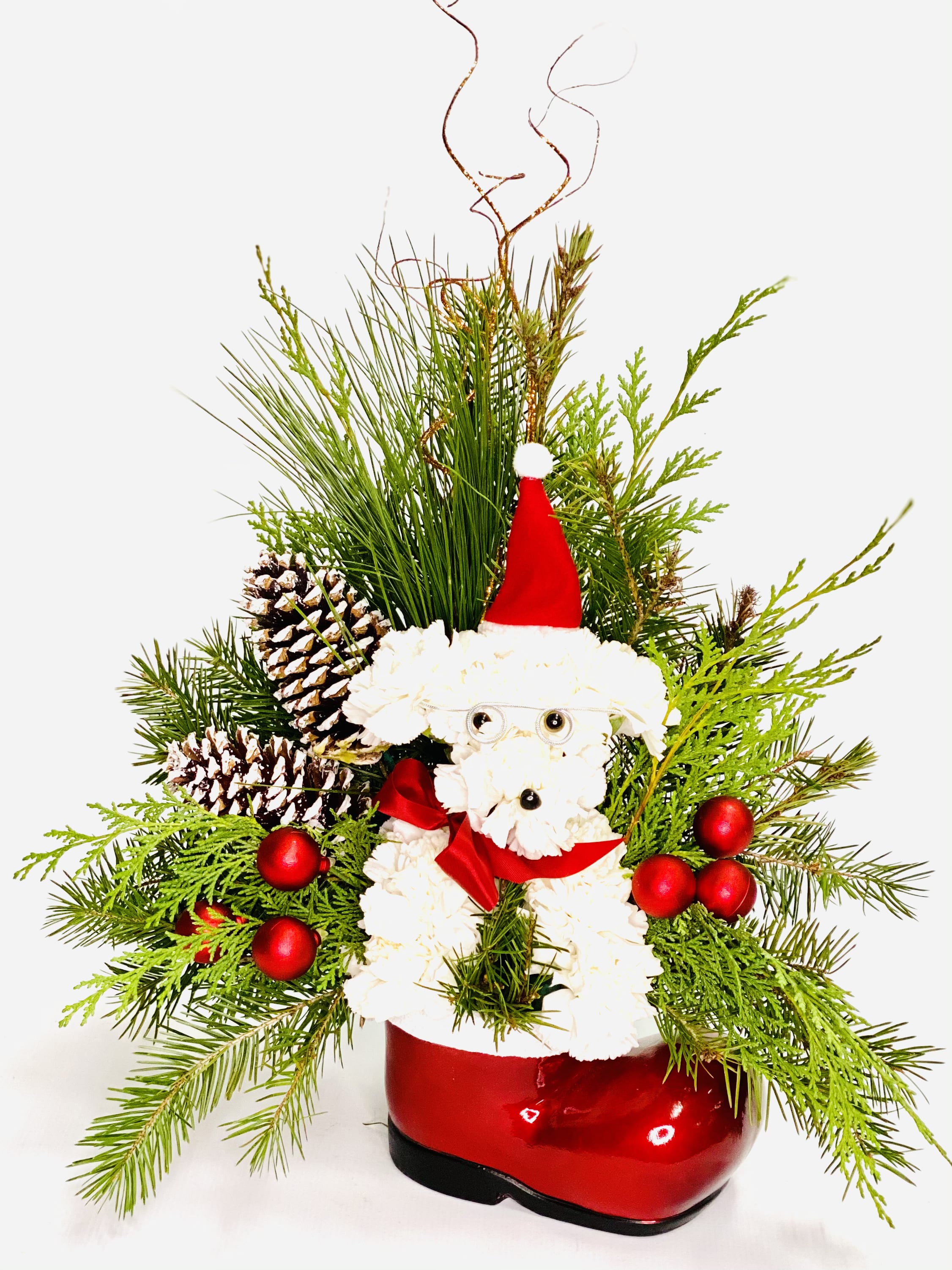 Santa's little helper - This adorable dog made out of white carnations wearing a red Santa hat and living in one of his boots EXCLUSIVE Who’s that doggie delivering holiday magic? It’s our very own Santa little helper Crafted from a merry mix of blooms and ornaments, he’s decked out in a festive Santa hat. And this year, our signature pup arrives perched inside Santa’s, Boot Full of vintage charm, this gift will unleash Christmas cheer on family and friends, near and far. 