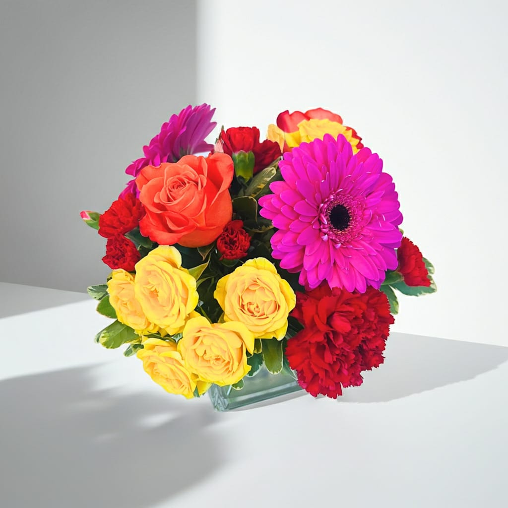 Little Mix Vibrance - A playful fusion of vivid hues and striking textures, Little Mix Vibrance bursts with energy and personality. Featuring a bold blend blooms. This arrangement channels the spirit of confidence, color, and creative flair. Designed for those who love to stand out, it’s the perfect floral statement for any celebration or mood-lifting moment.