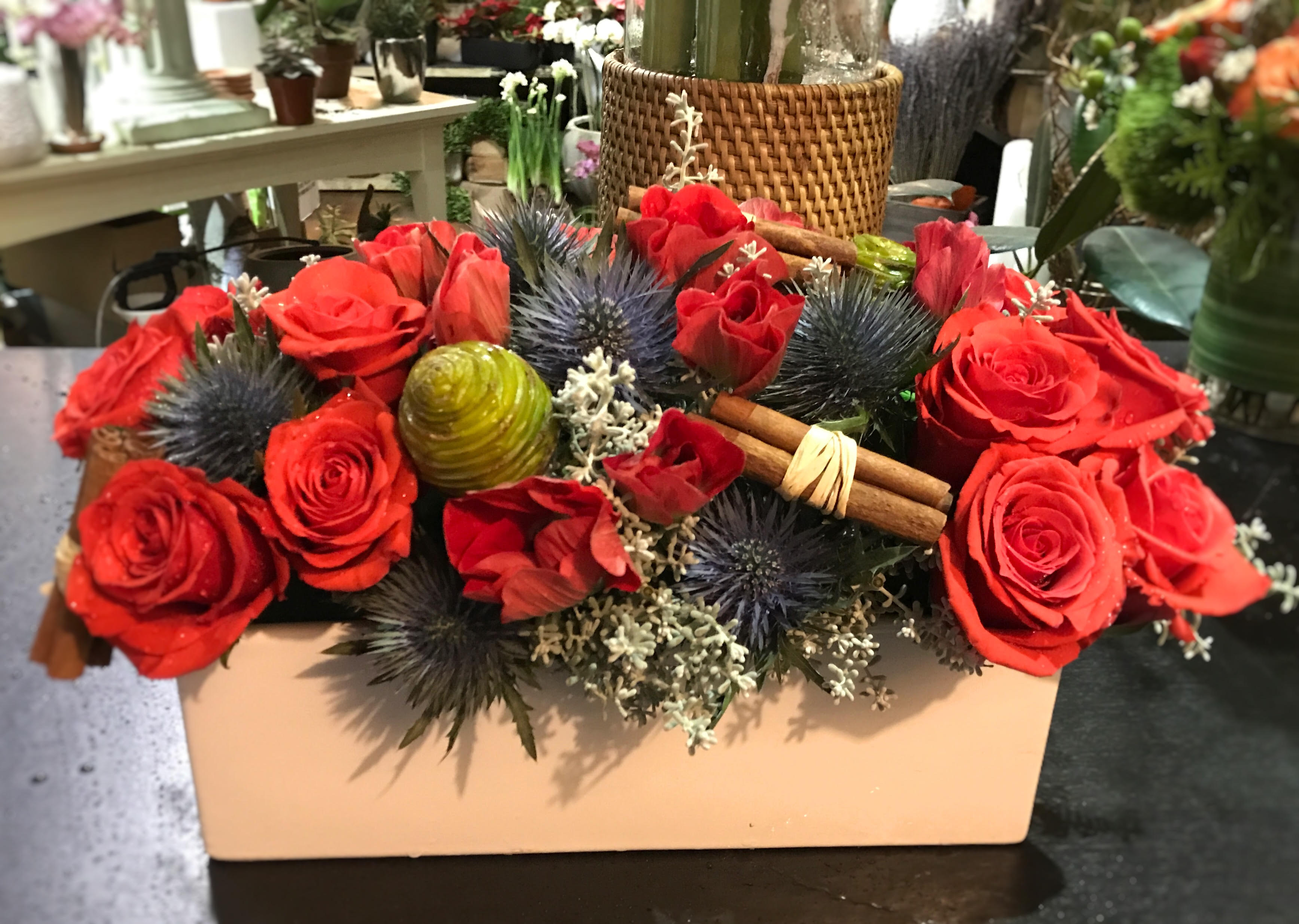 Holiday Passion - Bright nina roses with thistles and anemones