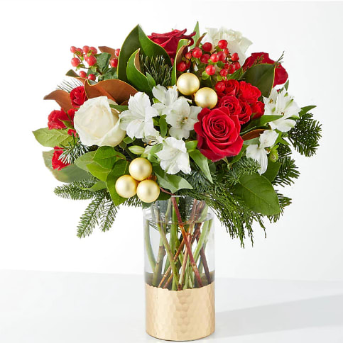 Joy &amp; Jolly Bouquet - Spread joy this holiday season with a shimmering arrangement of roses, alstroemeria, and the incredible scent of seasonal greens.