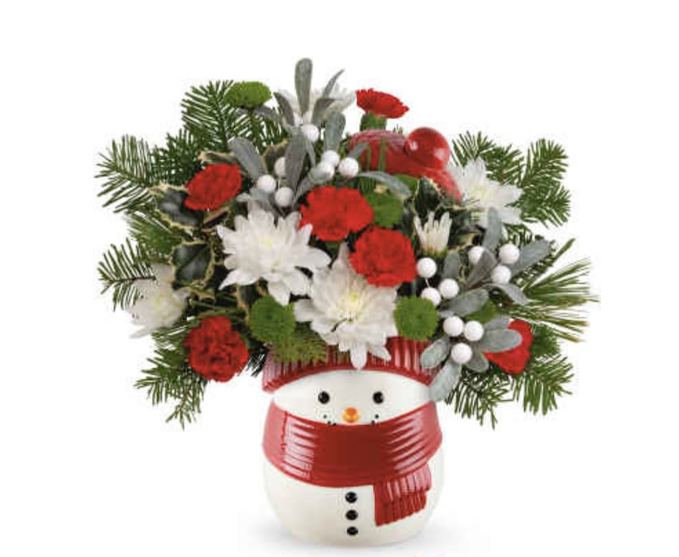 Frosty wishes T - Whether it's filled with festive Christmas flowers or sweet treats, this cheerful frosty snowman treat jar vase brings whimsical winter cheer and joy to your loved one's face. 
