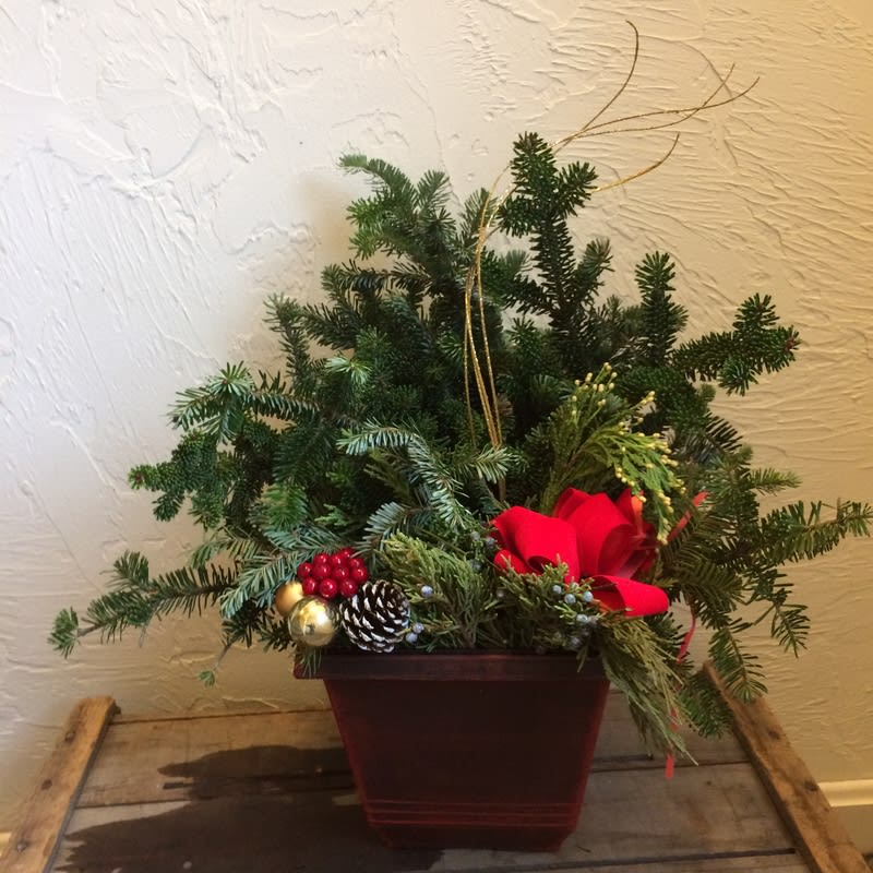 Outdoor winter planter - Winter outdoor planter, add a touch of decor to the outside, with plant cuttings and decorative elements that last  a long time!  ** container style may vary. Upgraded options have more decorations include in it.