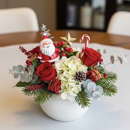 Santa’s Workshop Whimsy By Black Cat Florist  - This cheerful arrangement captures the fun and magic of the North Pole in a bowl. Nestled within fluffy blooms of white hydrangea and velvety red roses, a smiling Santa Claus figurine takes center stage.  The design is accented with festive details like a striped candy cane, miniature gift boxes, a sparkling gold star, and frosted silver eucalyptus leaves that add a wintry shimmer. It’s a joyful, kid-friendly centerpiece perfect for a coffee table or as a gift to make someone smile.
