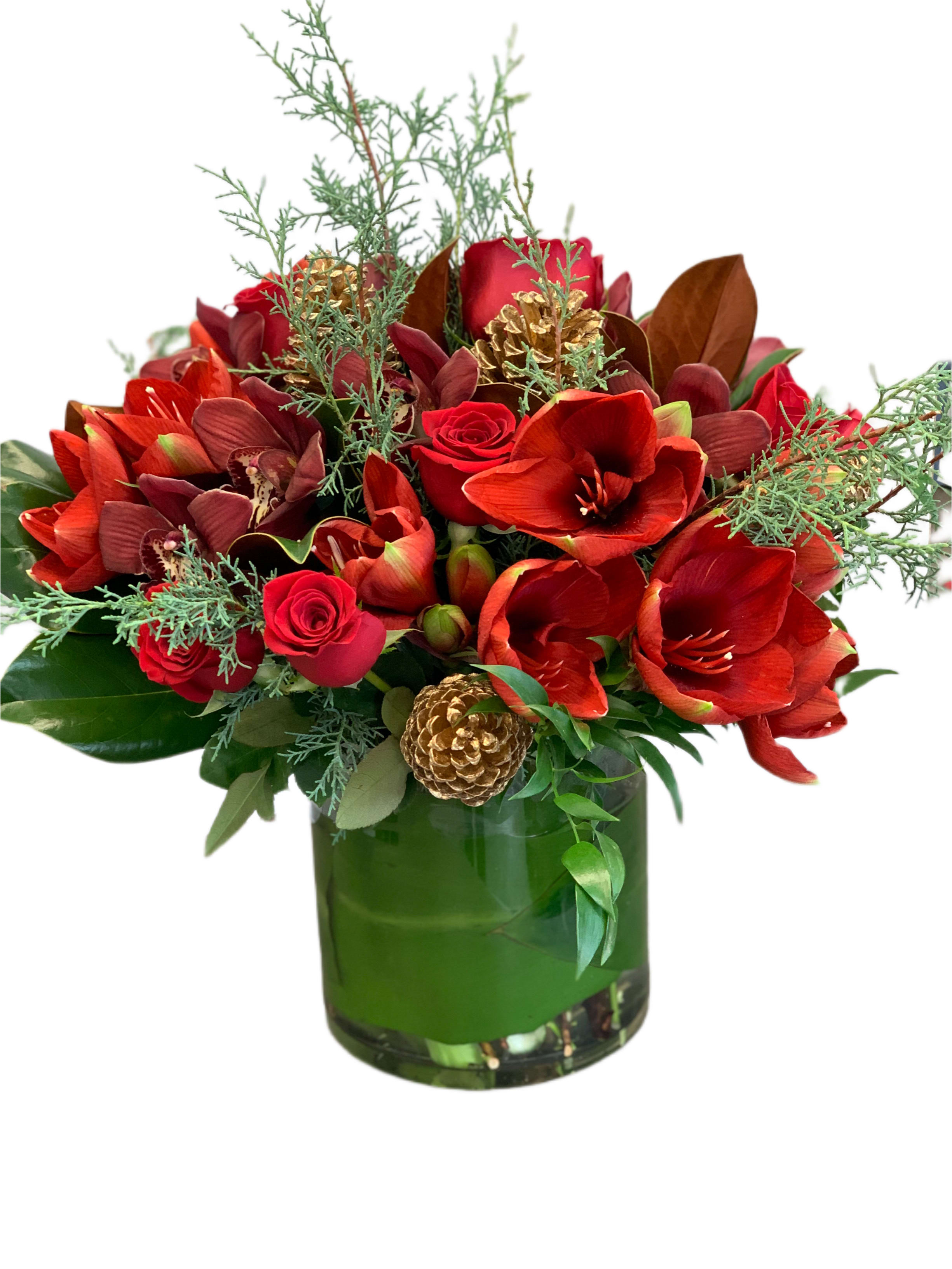 Ruby Vase - Bold ruby amaryllis and roses accented with Xmas greens 