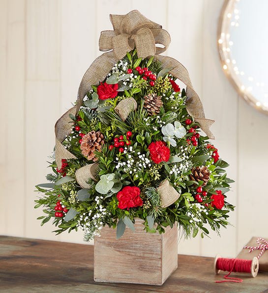 Cozy Cabin™ Holiday Flower Tree® - Rustic version of the holiday Christmas tree, country style. Designed in a natural wood-box cube. Our design brings joy for this different Christmas times. Send love in this holidays!