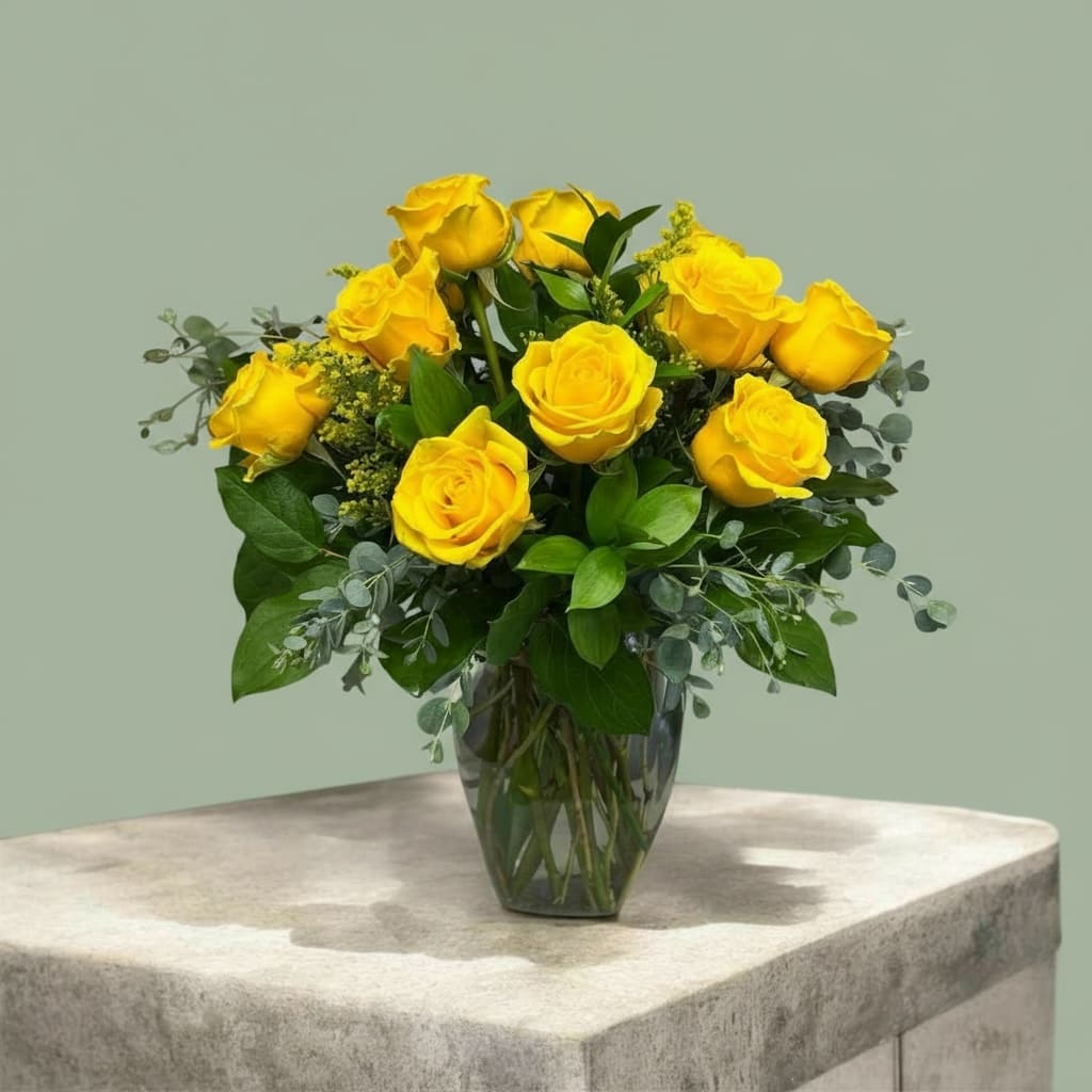 Brighter Day - Cheer someone up with this bright bold design with yellow roses, alstroemeria and solidago.  Thanks for shopping local!