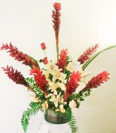 Tropical Xmas - Who says the Xmas season is a cold time of the year?   We here in Miami are still using our air conditioning to cool off from the heat from the sun and from the flowers of the tropics.   Here we have red ginger, white orchids and tropical and winter greens. 