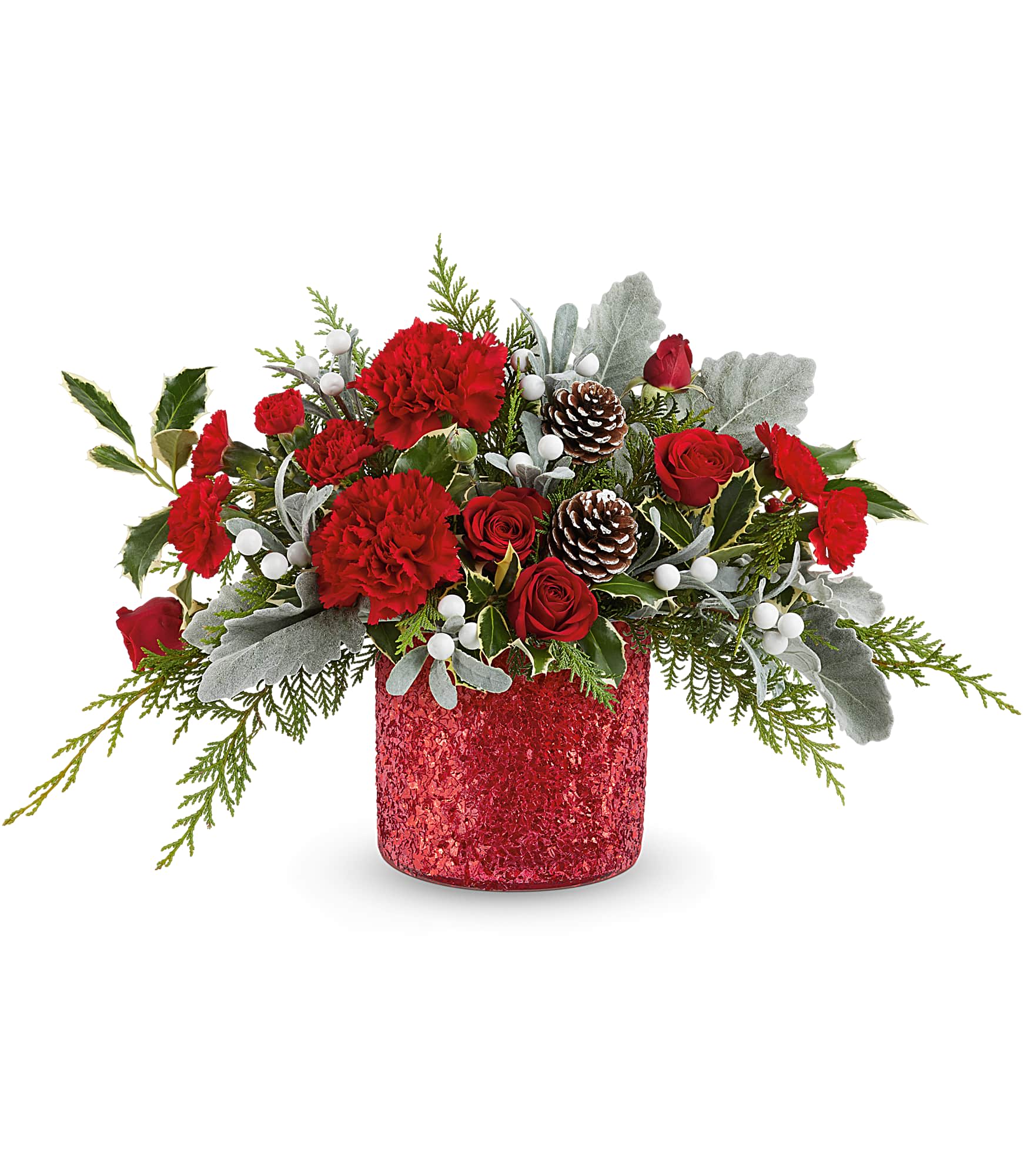 Teleflora's Magical Wish Bouquet - Teleflora's Magical Wish Bouquet brings holiday sparkle to life! Red blooms and festive greens shine in Teleflora's glittering Magical Wish Vase-a dazzling gift for Christmas or any winter celebration.