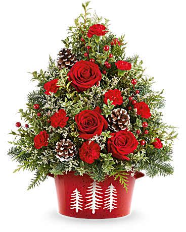 Teleflora's Holiday Traditions Tree - Holiday Traditions Tree is a fresh twist on classic cheer. Adorned with red blooms, pinecones, and evergreens in the Snowy Pines Dish, it makes a joyful centerpiece or a charming seasonal surprise. Holiday Traditions Tree includes red roses, red miniature carnations, white limonium, oregonia, cedar, and noble fir. Pinecones and lush greenery are hand-arranged in the Snowy Pines Dish for a festive touch.