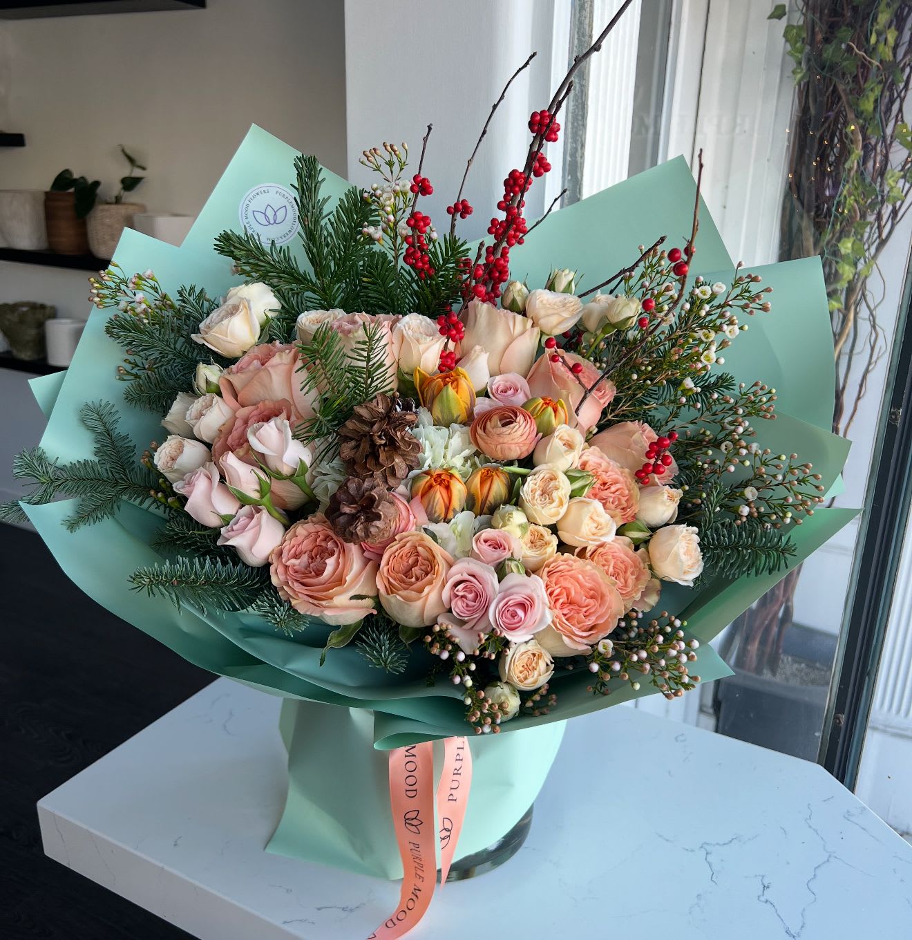 December Bouquet - Bouquet with flowers and Christmas tree Vase not included 