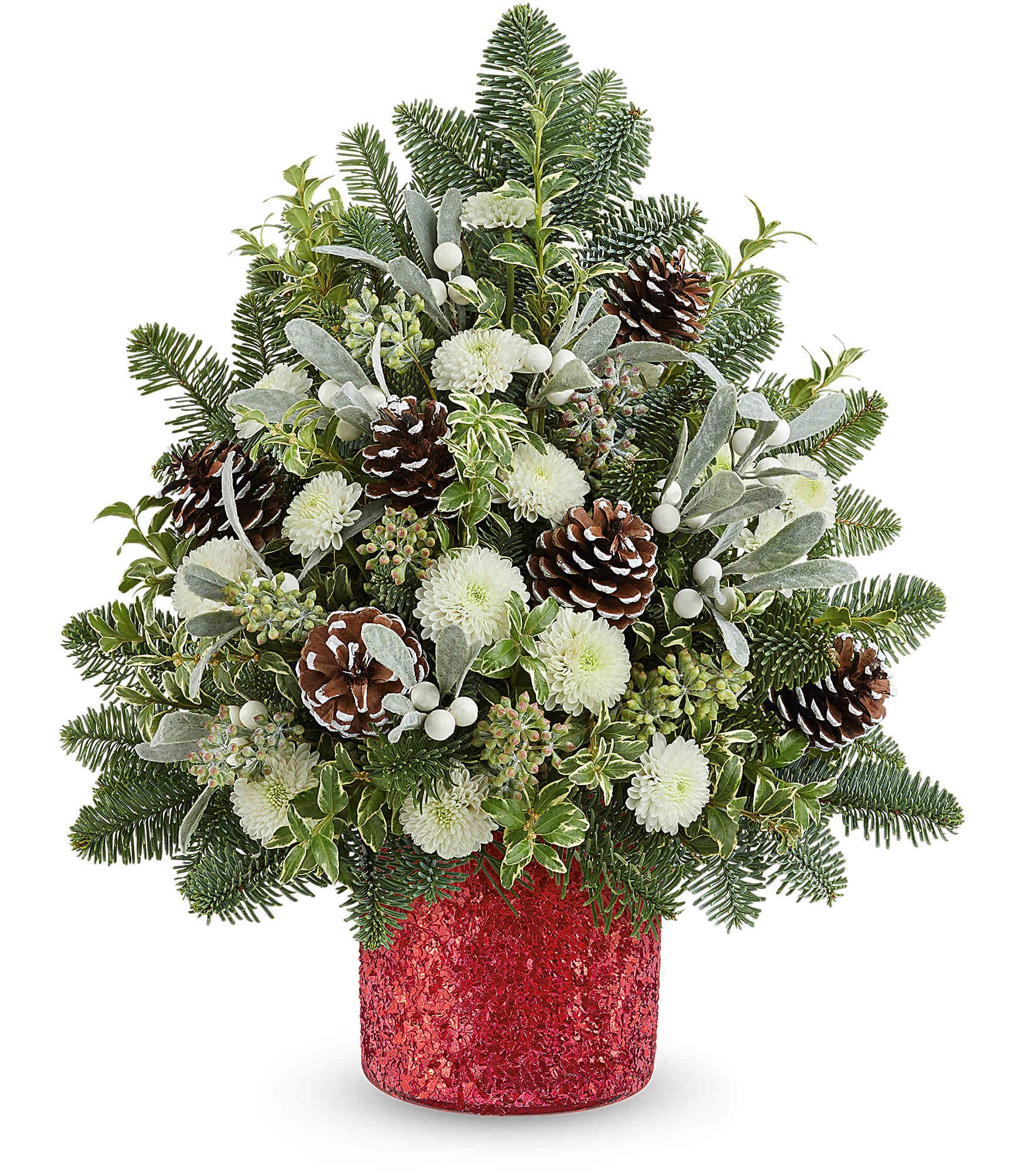 Teleflora's Winter Whisper Tree - Teleflora's Winter Whisper Tree brings serene holiday beauty with snowy white blooms, frosted pinecones, and winter greens. This floral holiday tree arranged in Teleflora's sparkling Magical Wish Vase is a peaceful gift for the season.
