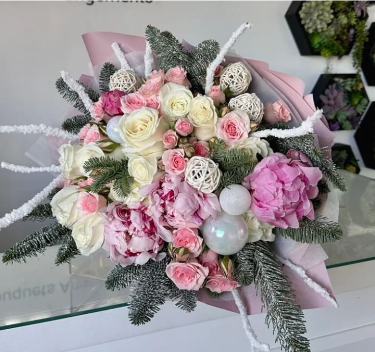 Snow Queen Bouquet - Bouquet with peonies, white roses etc. VASE NOT INCLUDED"