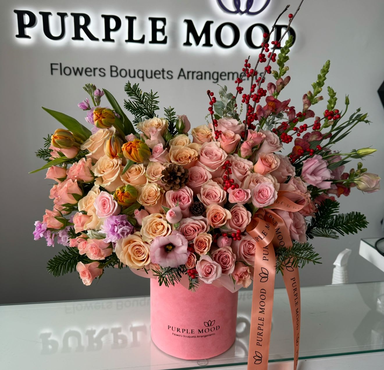 Morocco Box - Coral box with flowers. Standard size same as pictured. Container size D6.75'x H7.5' Deluxe size is next size, including bigger box and more flowers. Container size D8.25'x H9.5'