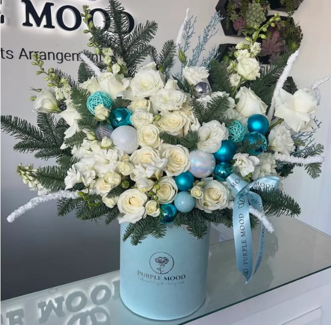 Snowflake Box - "Blue box with flowers, Christmas greens and decor Deluxe size same as pictured. Box included wet floral foam inside, box doesn’t require vase. Lid in a back."