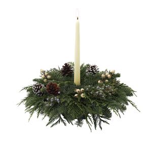 Simplicity Evergreen Centerpiece with Candles - We arrange a round festive evergreen centerpiece with a white candle. This long lasting arrangement will be the center of attention. 