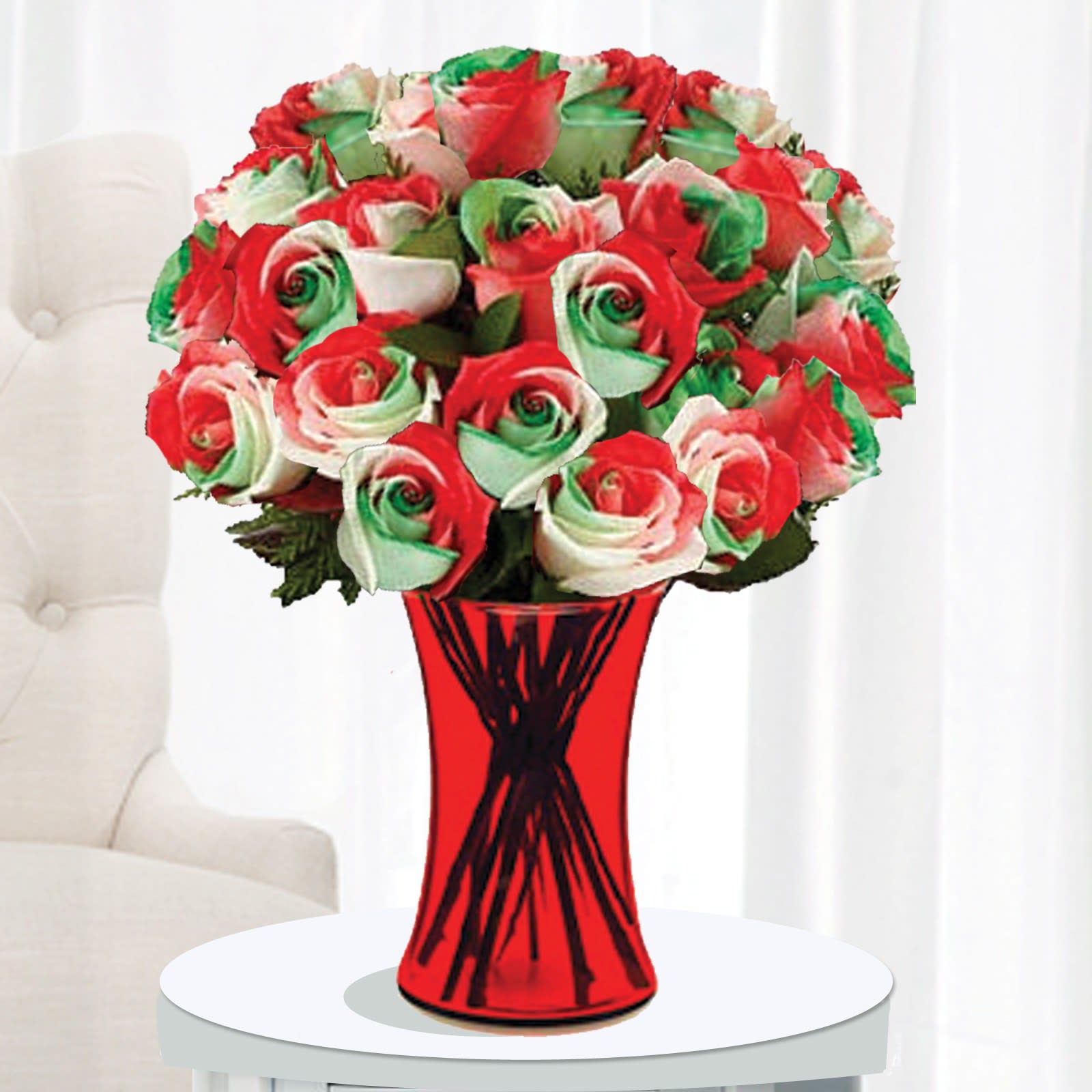 The Ultimate Christmas Roses - What are the holiday colors?   Red, white and green!   We offer those colors all in one rose, a real unique and special gift for anyone on your gift list.  Pictured is 24 Christmas roses arranged in a vase.   IMPORTANT NOTE:  Because these are shipped straight from the farm in Ecuador, we need at least 2 business days advanced notice for delivery to get them on time to your recipient.