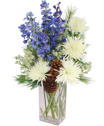 Twas the Night - Wintry white spider mums, blue delphinium, evergreen are surrounded by brilliant blooms.