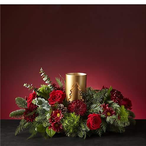 Through the Woods Centerpiece - Rekindle your appreciation for the beauty of a winter landscape with our Through the Woods centerpiece. Liven up your Holiday's with this rustic centerpiece's red floral and bright eucalyptus greenery.