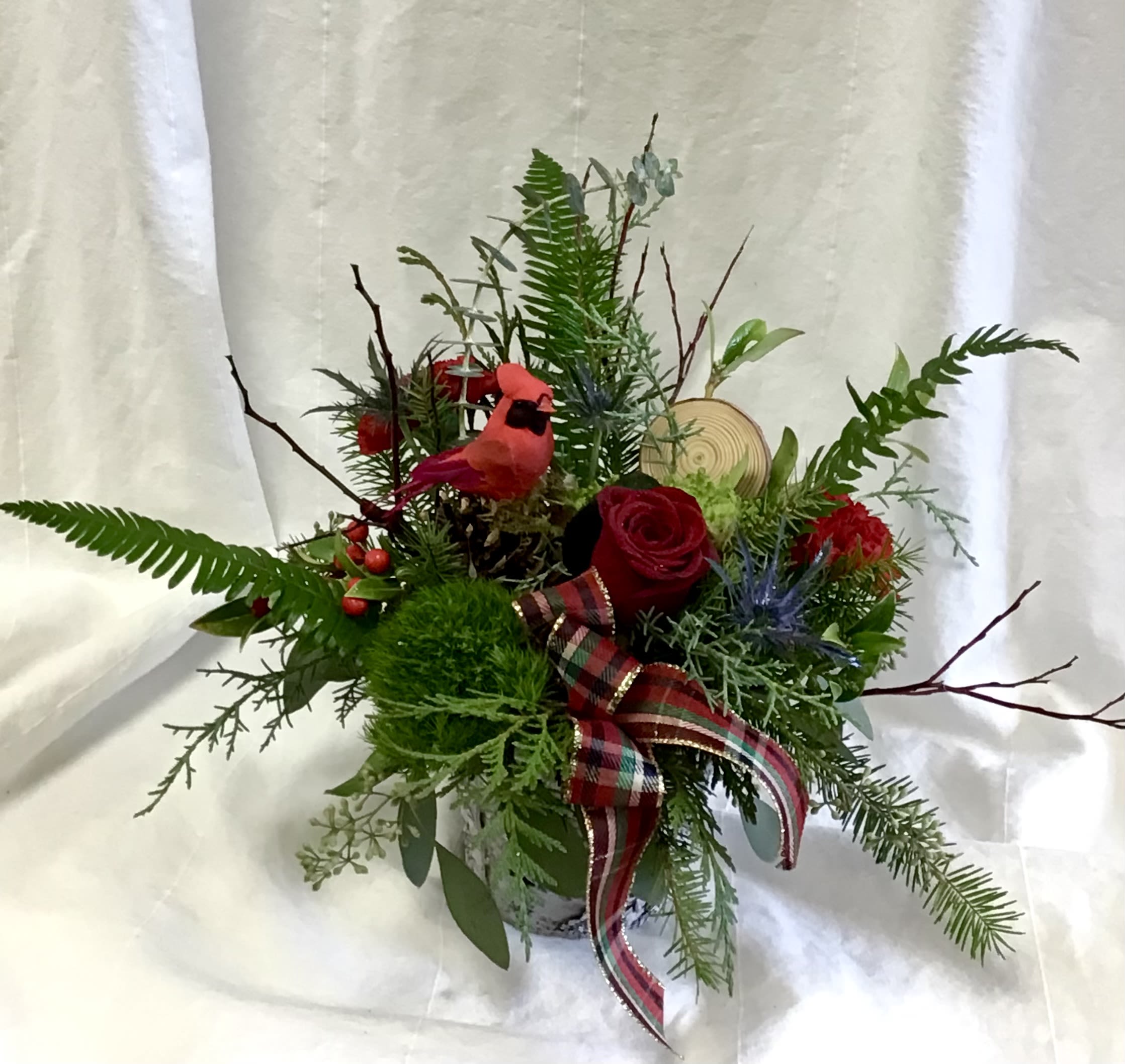 West Coast  Cardinal Arrangement - A typical Westcoast Christmas scene sure to bring enjoyment to the recipient. It comes complete in a birch style container and a Cardinal sitting in the arangement.