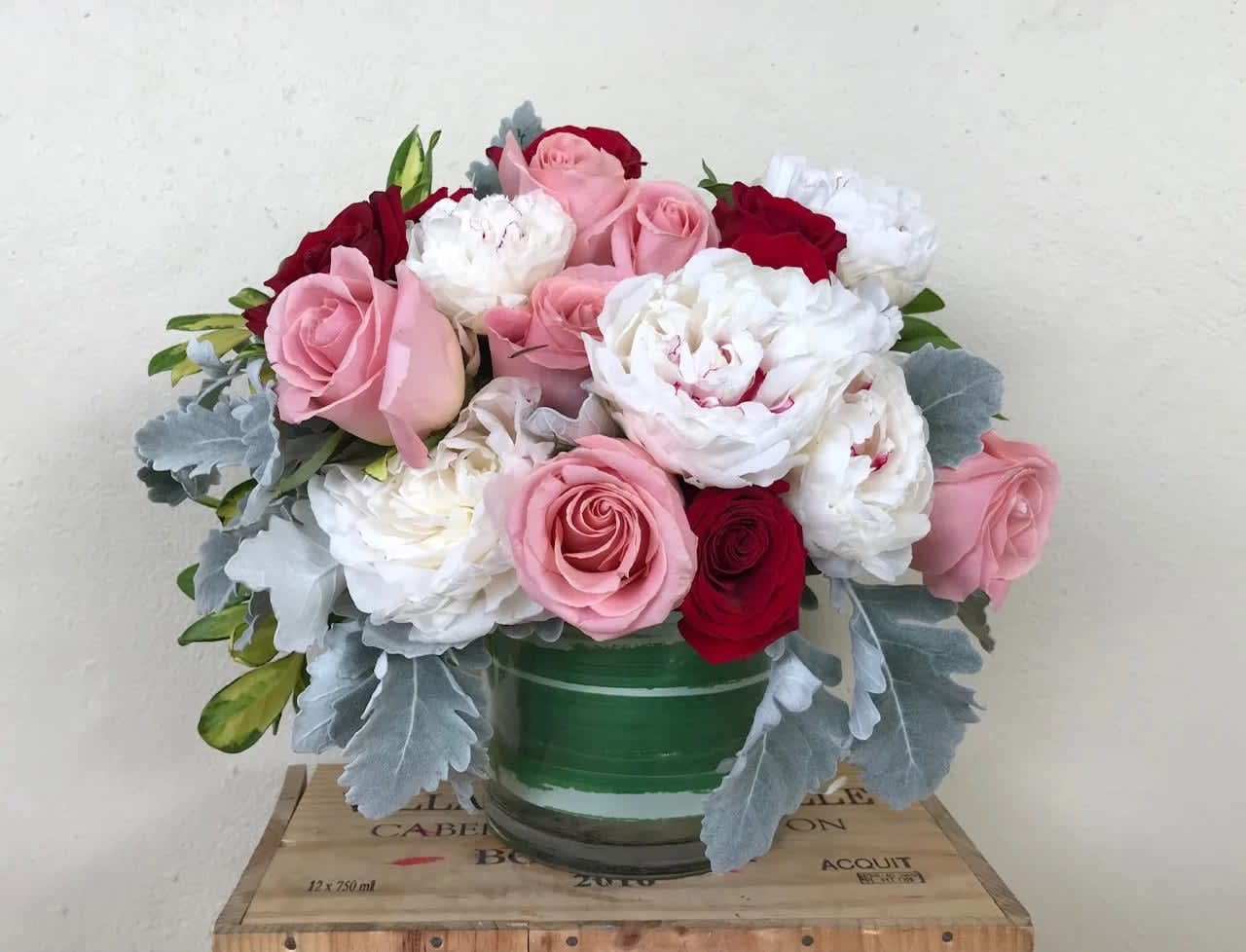 Floral Alliance - White Peonies , mixed color Roses in 6&quot;x6&quot; glass vase