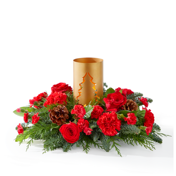 December Dreams - Holiday centerpiece with keepsake Gold globe with cut out Christmas trees