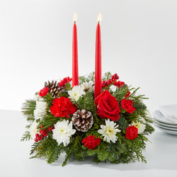 Holiday Soiree - Simple holiday centerpiece with traditional mum and carnations