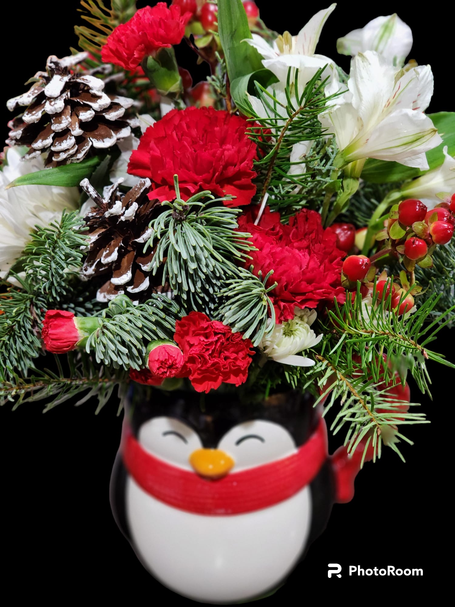 Playing in the snow - Adorable penguin mug filled with the most beautiful and fragrant flowers of the season.