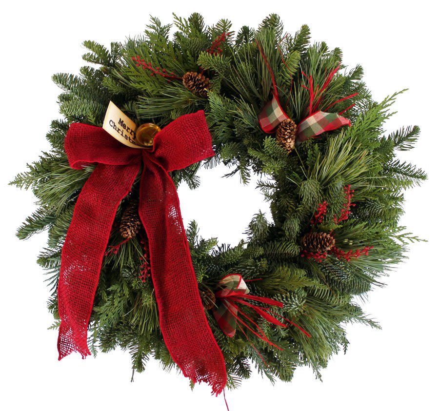 24 Inch burlap lodge live wreath - This rustic wreath is composed of Noble Fir, Western Red Cedar, Princess Pine and Spruce Cones, accented by plaid ribbon strips, faux red berries and raffia sprays. A burlap bow and “Merry Christmas” tag add an additional splash of color.  24&amp;quot; Overall.    All Christmas wreaths are pre-dipped for extended shelf life.   This hand-made product makes a great gift and may differ slightly from the picture shown.
