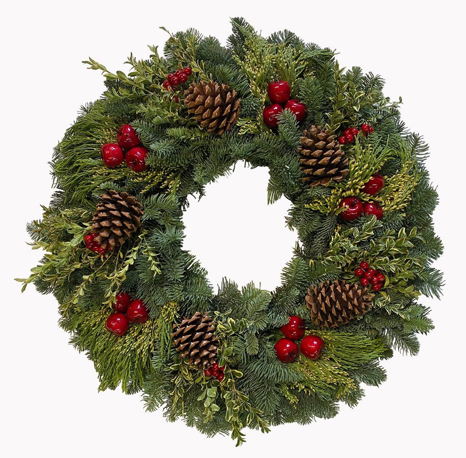 24 inch Regal fruit weath - A bountiful assortment of faux apples, cones, boxwood, cedar and canella berries are smartly arranged on a Noble base.  24&quot; Overall    All Christmas wreaths are pre-dipped for extended shelf life.   This hand-made product makes a great gift and may differ slightly from the picture shown. 