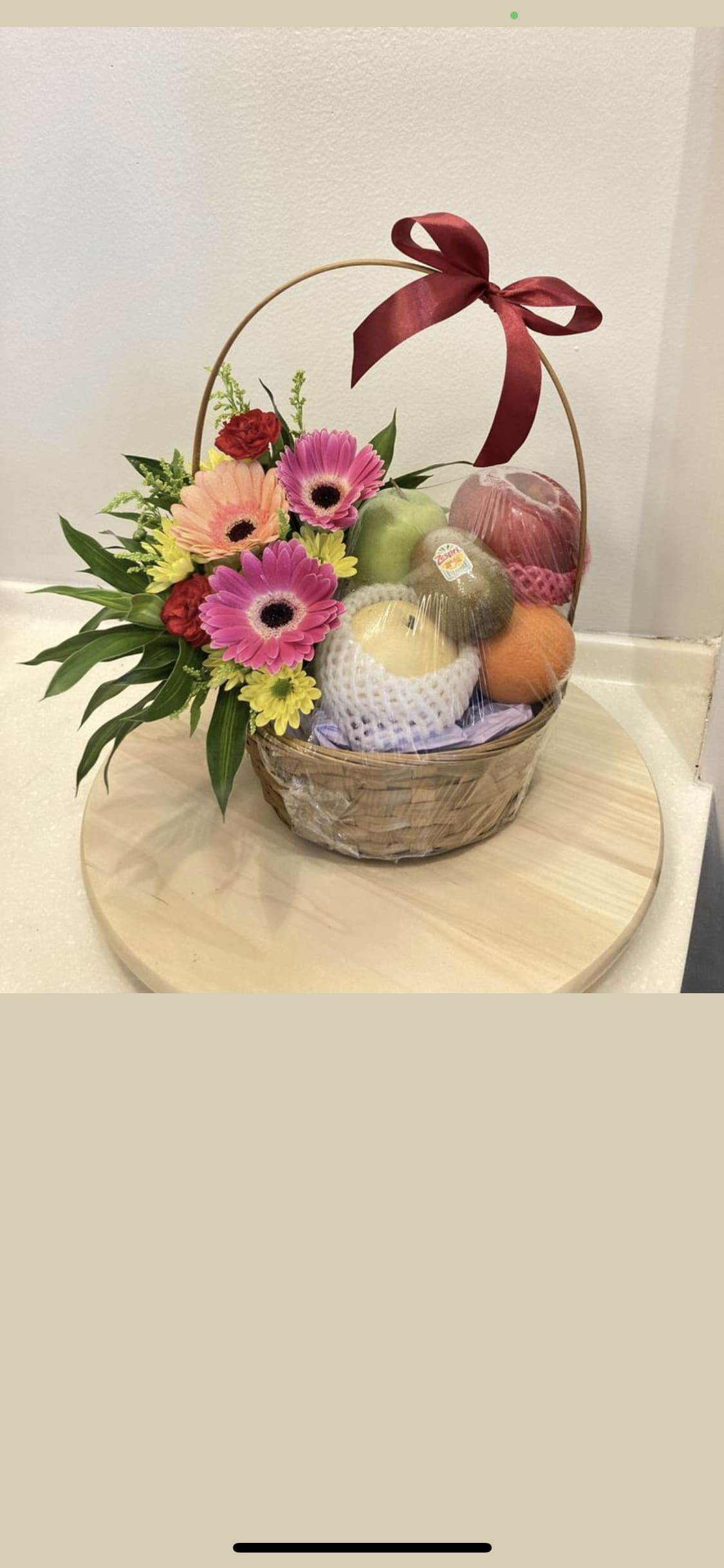 Fruit basket  - Flowers and assorted fruits of the season! In a beautiful small basket delicately decorated!
