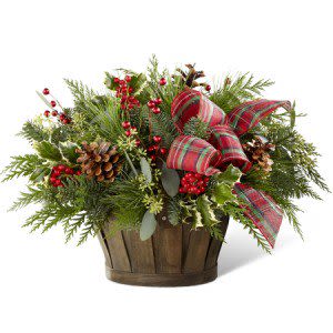 Home for the Holiday - Chock full of fragrant winter greens like white pine, spruce,  cedar and holly, this basket is a perfect git for friends and family.  Adds traditional holiday warmth to your home too!  Sure bet, great price.
