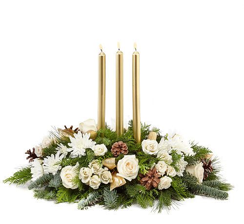 Frosted Centerpiece - Great for gathering or gifting, the Frosted Centerpiece is the perfect addition to your holiday table. This arrangement is designed with a mix of white blooms, textured greens, and gold accents.