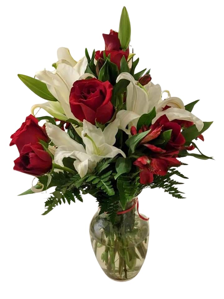 Jarron Clasico y Fino - hermoso jarron con rosas rojas y lirios blancos 