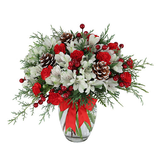 Winter of Wonder Bouquet - Send your best winter wishes with our new Winter of Wonder arrangement! White alstroemeria is complemented beautifully with red berries and frosted pinecones and a stunning red bow.