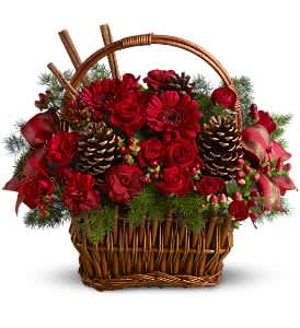 Holiday Spice Basket - Spice up any Christmas celebration with this fragrant holiday spice basket, featuring fresh red blossoms, pinecones and cinnamon sticks, beautifully arranged in a rustic handled basket. A festive satin ribbon adds an extra touch of cheer.  A mix of fresh red and burgundy flowers such as spray roses, miniature carnations and gerberas - accented with real cinnamon sticks, pinecones, hypericum and greenery - is delivered in a woven handled basket decorated with a satin ribbon.  Approximately 14" (W) x 14" (H)  Orientation: All-Around  As Shown : TFWEB479