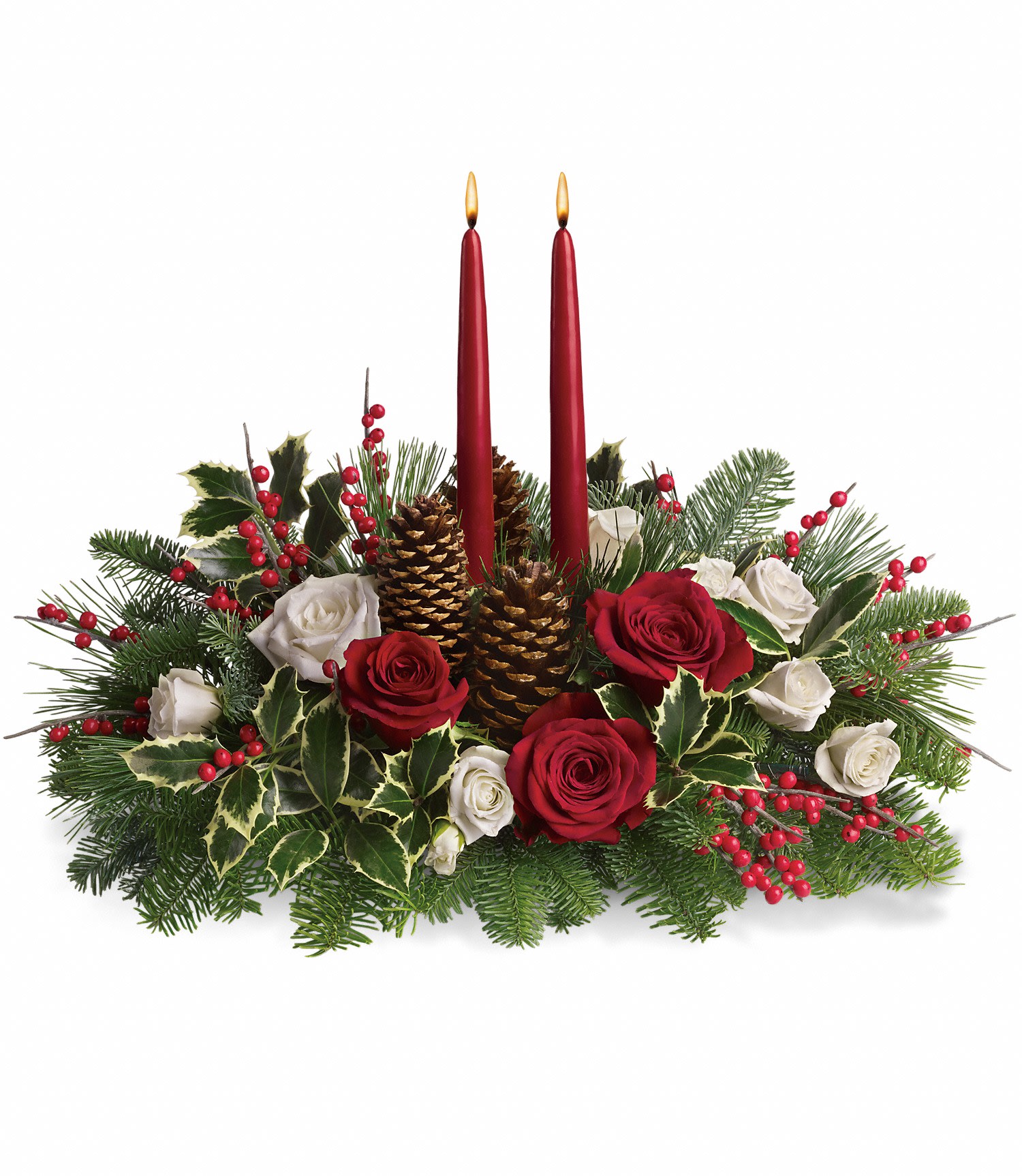 Christmas Wishes Centerpiece For you - Stunning red and white roses, white spray roses and chrysanthemums plus all of your holiday favorites like pinecones, berries, holly, Christmas greenery and two tall-tapered candles. A brilliant way to send your Christmas wishes in style. Approximately 21" W x 17" H