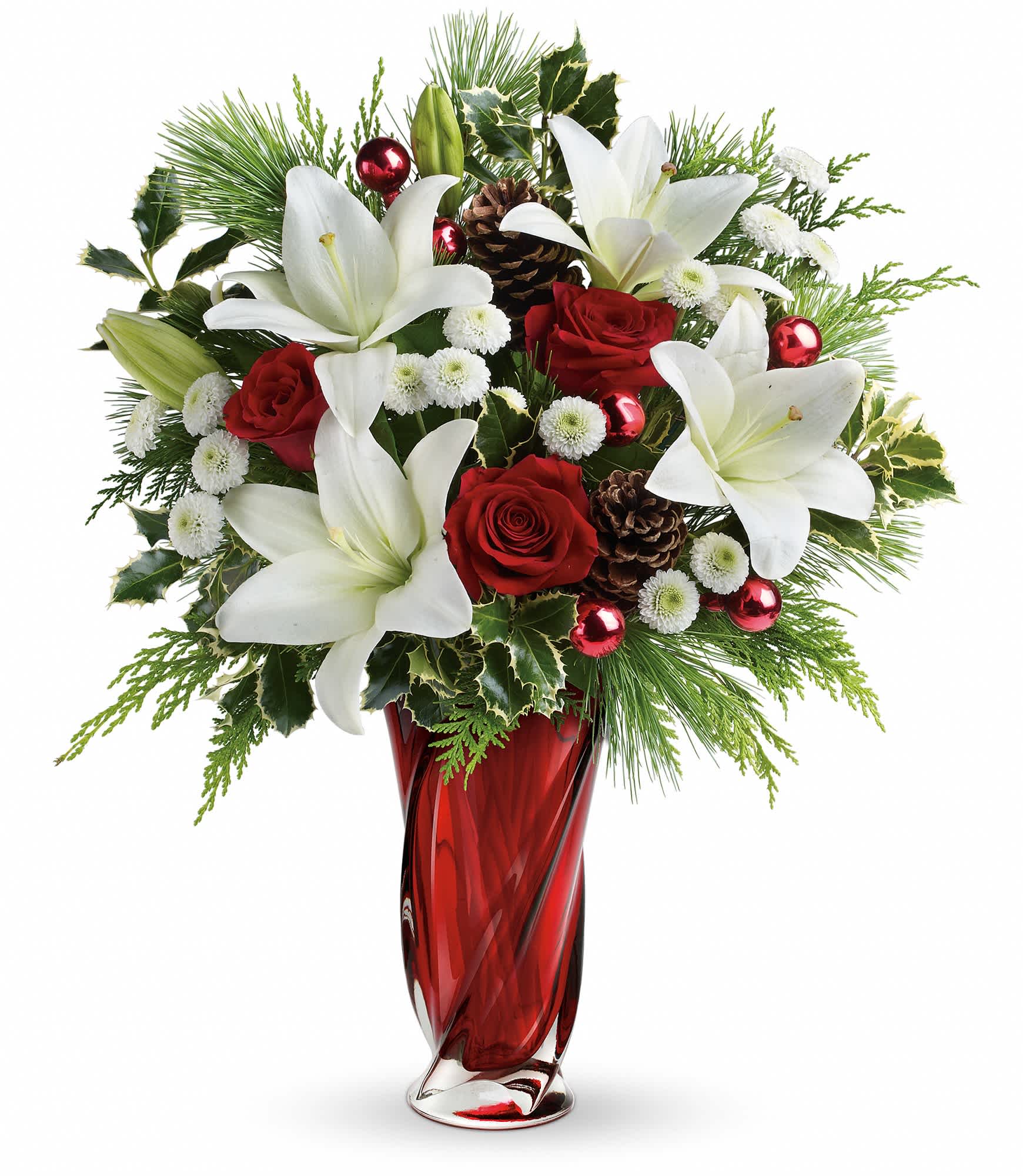 Teleflora's Christmas Swirl Bouquet - Red roses, white asiatic lilies and white button chrysanthemums are accented with fresh flat cedar, variegated holly, white pine, pinecones and red ornament balls. Delivered in a stunning Swirling Beauty vase. Approximately 19" W x 21" H.  T14V220A