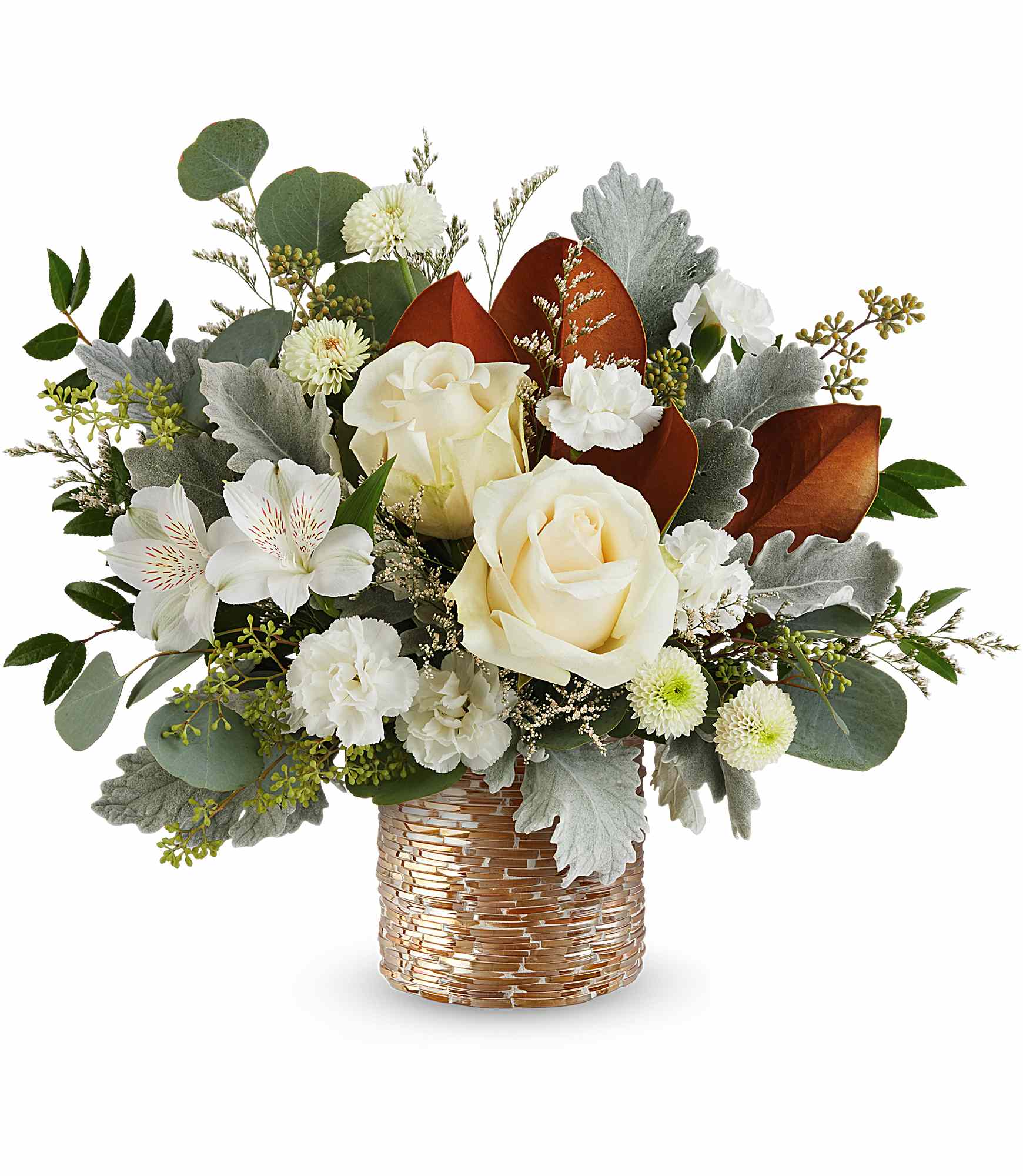 Teleflora's Golden Mod Bouquet - Teleflora's Golden Mod Bouquet shines with crème roses, white alstroemeria, and carnations surrounded by magnolia leaves, dusty miller, and eucalyptus. Designed in Teleflora's Chic Copper Mosaic vase, this radiant mix brings modern elegance and golden warmth to any celebration.