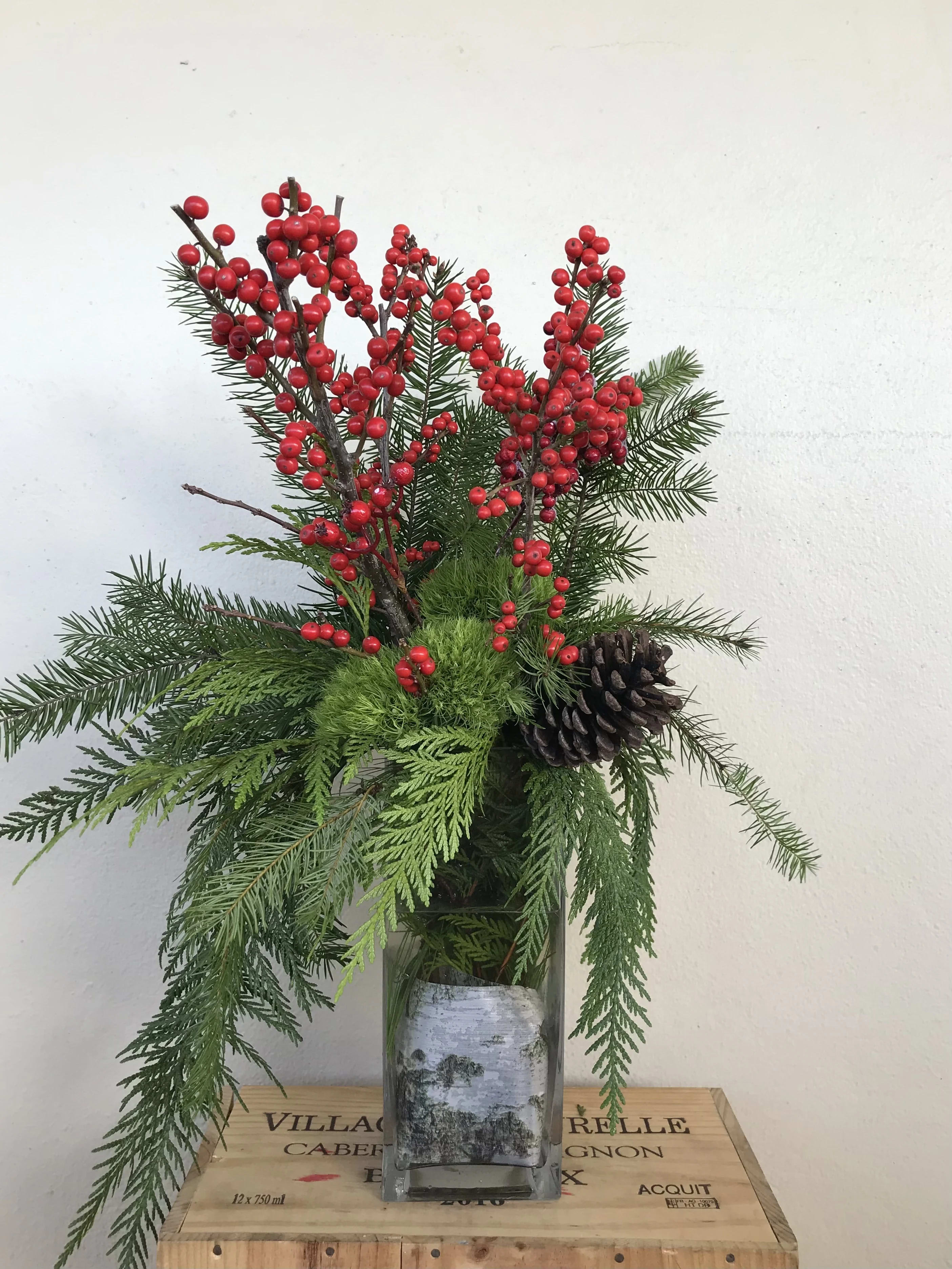 Winter Anticipation  - Red Berries, green , Pine Cone in glass vase 